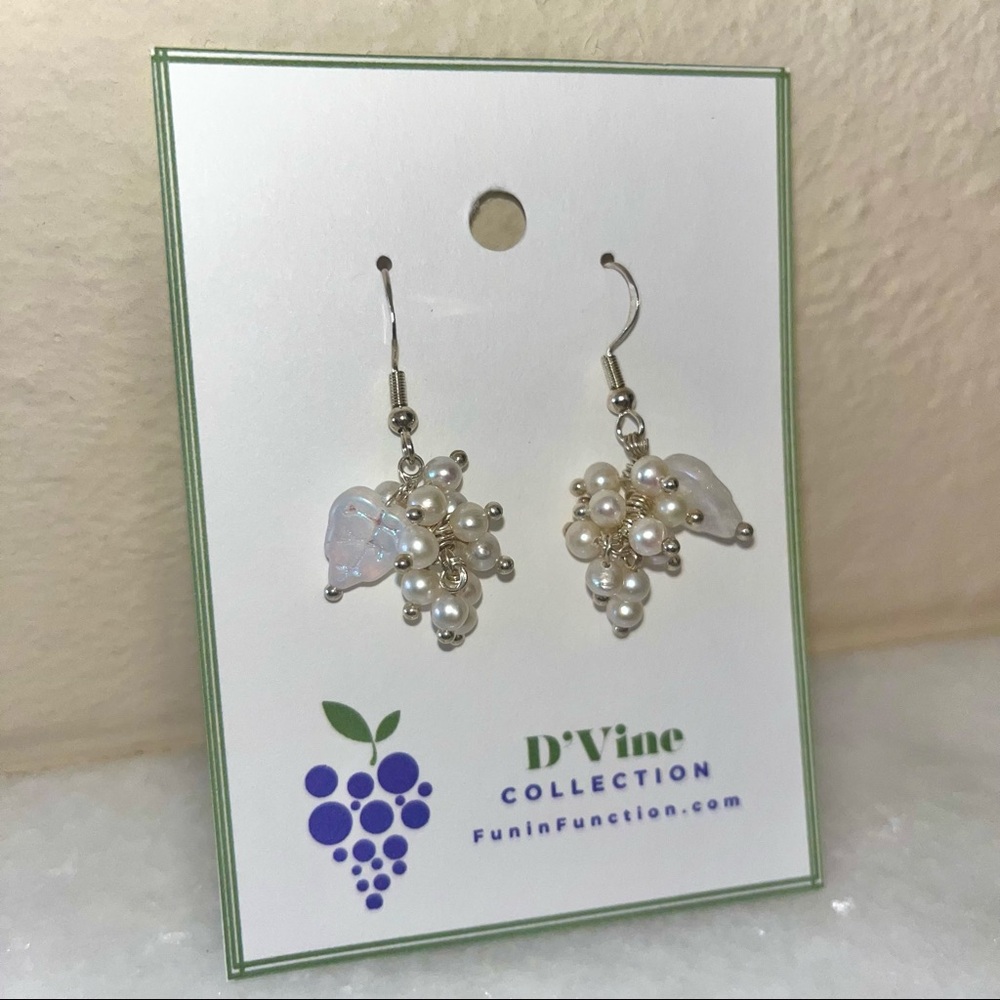 Pearl Grape Cluster Earrings w/ Czech Glass Leaves